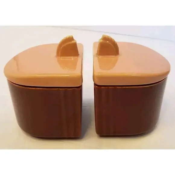 Vintage Art Deco Franciscan Ware Condiment Jars w/ Lids Underplate Pink & Maroon - Picture 3 of 13